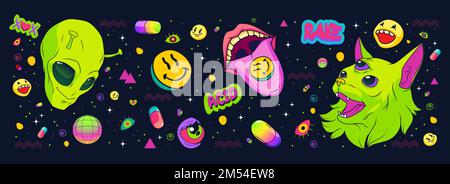 Psychedelic rave style seamless pattern with alien head, mouth and tongue, three-eyed cat creature, smiley emoji, planet and pill icons in acid colors on black background. Cartoon vector illustration Stock Vector