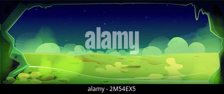 View from cave at green alien planet surface with craters and toxic fog in air. Cartoon vector illustration of uninhabited land with poisonous gas and night starry sky. Space adventure game background Stock Vector