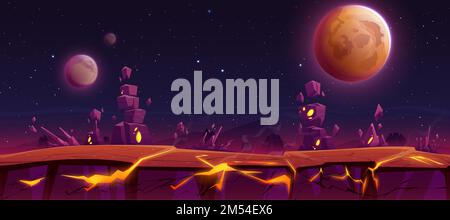 Dangerous alien planet surface with rocky surface, hot lava in cracks ...