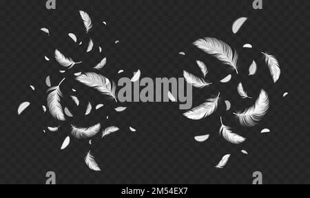 Falling white soft feathers, bird plumage splash. Fluffy quills flying and floating in air. Lightweight feathers isolated on transparent background, vector realistic illustration Stock Vector