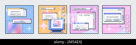 Social media posters template with retro desktop computer interface with message frames, loading bars, buttons and folders. Old pc screen layouts, vector cartoon set Stock Vector