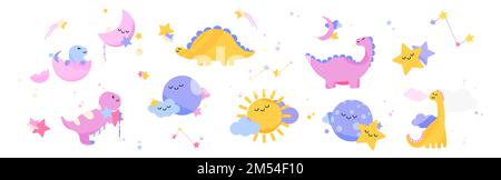 Cute dinosaurs in boho style for baby room decoration. Pastel icons of adorable dino, moon, sun, clouds and stars isolated on white background, vector cartoon illustration Stock Vector