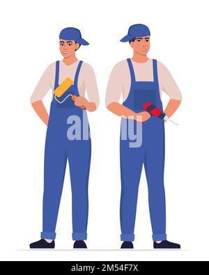 Repairman or mechanic man and woman painter. Collection of professional repair tools. Man and woman characters in uniform. Vector illustration Stock Vector