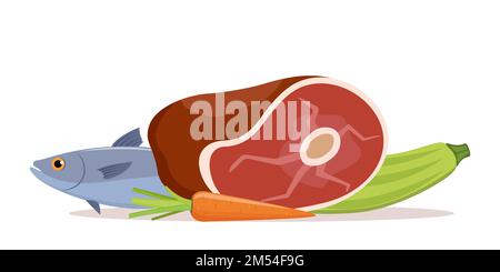Vegetables, meat, fish. Fresh Red Raw Meat, carrots, zucchini. Healthy products. Organic food from the farm. Vector flat illustration Stock Vector