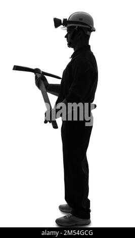 Silhouette of male miner with pick on white background Stock Photo