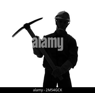 Silhouette of male miner with pick on white background Stock Photo