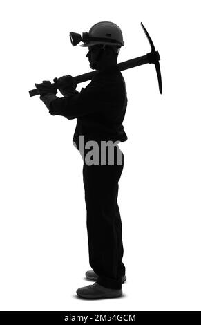 Silhouette of male miner with pick on white background Stock Photo