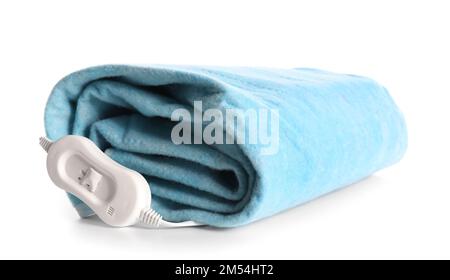Folded electric heating pad with controller on white background Stock Photo