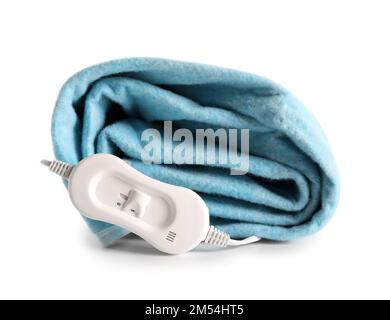Folded electric heating pad with controller on white background Stock Photo