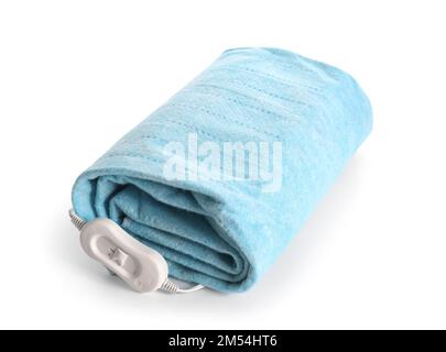 Folded electric heating pad with controller on white background Stock Photo