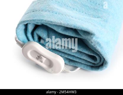 Folded electric heating pad with controller on white background Stock Photo
