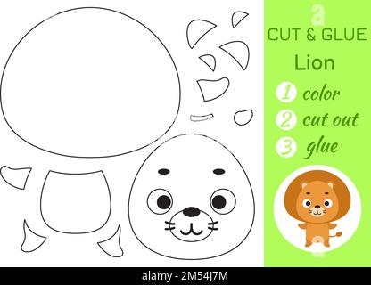 Color, cut and glue paper little lion. Cut and paste crafts activity page. Educational game for preschool children. DIY worksheet. Kids logic game Stock Vector