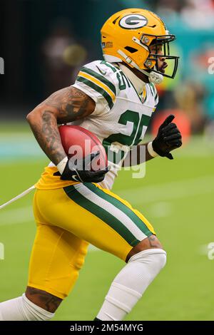 Green Bay Packers cornerback Keisean Nixon (25) runs with the ball during  the second half of an NFL football game against the Chicago Bears, Sunday,  Dec. 4, 2022, in Chicago. (AP Photo/Kamil