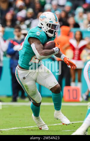 Miami Dolphins running back Jeff Wilson Jr. (23) runs on the field during  the first half of an NFL football game against the New York Jets, Sunday,  Jan. 8, 2023, in Miami