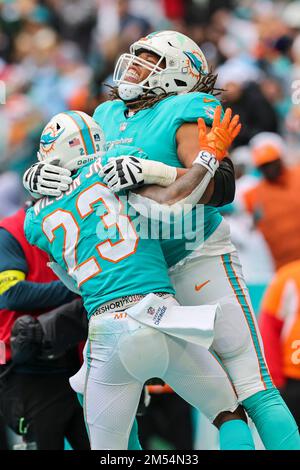 Miami Dolphins offensive tackle Robert Hunt (68) blocks against Buffalo  Bills linebacker Matt Milano (58) during an NFL wild-card football game  Sunday, Jan. 15, 2023, in Orchard Park, NY. (AP Photo/Matt Durisko