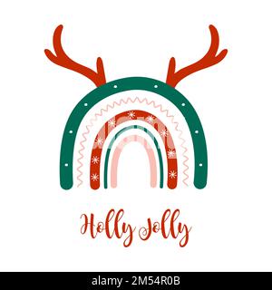 Christmas rainbow with deer horns. Winter element in boho style. Vector fun childish illustration for posters, stickers, textile, logo, greeting cards Stock Vector