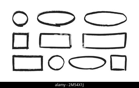 Grunge hand drawn circles, rectangles and ovals. Collection of textured highlight circle and square frames. Doodle circular borders for bullet journal Stock Vector