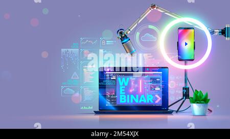 Online education webinar concept. Remote Learning of computer technology. Programming, coding training on laptop at tutorial in internet. Web conferen Stock Vector