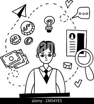 Modern business man with arrows, money, resume and strategy icons. Concept for planning, strategy, idea, job search. isolated Hand drawn line vector i Stock Vector