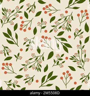 Seamless pattern with Isolated brunches with leaves and red berries. Simple modern pattern on on the light beige background. Earth tones. Stock Photo