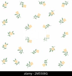 Cute floral seamless pattern. Set of tiny abstract isolated yellow flowers with green leaves on the white background. Stock Photo