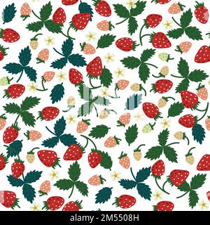 Trendy modern berry print with red and green strawberries, leaves and flowers on white background. Summer hand drawn illustration of strawberry meadow Stock Photo