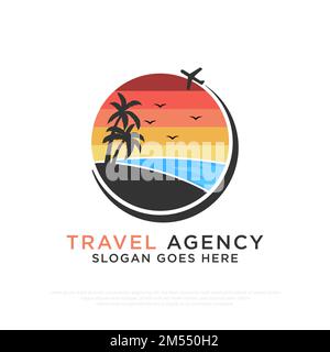 Nature Beach Travel Agency logo design with sunset Beach Outdoor vector illustration template Stock Vector