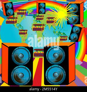 Wallpaper design for the party with speakers Earth tresure chest and rainbow; vector background Stock Vector