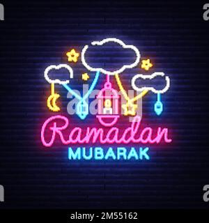 Ramadan Mubarak Greeting Card Vector. Ramadan Mubarak neon sign, neon banner. Month of fasting for Muslims, Muslim holiday of holy month Ramadan Karim Stock Vector
