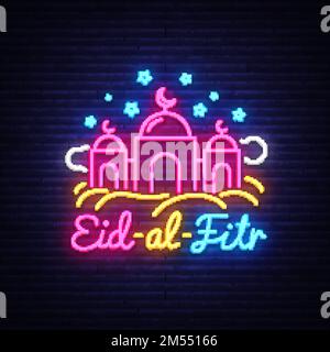 Vector Festive Illustration of Eid-Al-Fitr Neon Label. Ramadan Kareem holiday card Muslim holiday, design template modern trend style, light banner, b Stock Vector