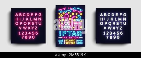 Iftar party invitation design template vector. Iftar Party leaflet flyer modern style, neon style, light banner, bright festive advertising for Islami Stock Vector