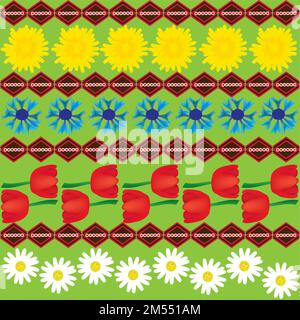 Dandelion cornflower and tulip seamless ethnic abstract pattern; vector Stock Vector