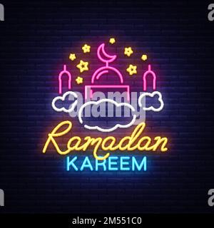 Ramadan Kareem neon sign. Ramadan Kareem vector banner in neon style, night bright signboard, celebration of Muslim community festival, islamic greeti Stock Vector