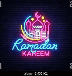 Ramadan Kareem neon sign vector, leaflet design template concept of lines with colored crescent and mosque, Islamic banner background design, neon sym Stock Vector