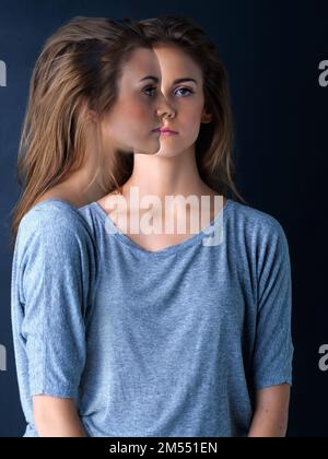 Beauty on all angles. Multiple exposure studio shot of a teenage girl posing against a dark background. Stock Photo