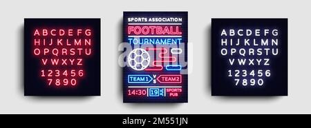 Soccer Tournament flyer vector. European Football Championship poster, neon sign, design template for brochure for soccer, soccer cup, light neon foot Stock Vector