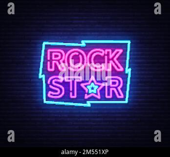 Rock Star Neon Sign Vector Illustration. Design template neon signboard on Rock Music, Light banner, Bright Night Advertising. Vector illustration Stock Vector