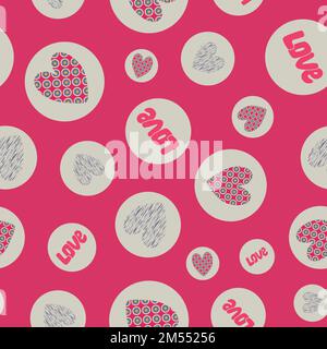 Heart shapes in circles on pink background. Polka dotted seamless pattern. Valentine background. Stock Vector
