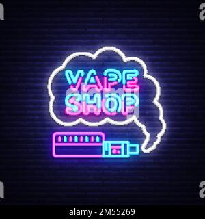 Vape Shop Logo Neon Vector. Vape neon sign design template on theme electronic cigarettes, light banner, night bright advertising for Vaping store, Tr Stock Vector