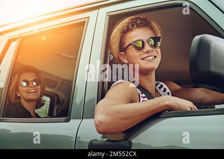 Adventure awaits. two friends enjoying a roadtrip together. Stock Photo