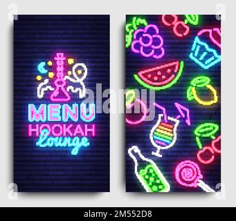 Hookah lounge menu design template vector. Hookah lounge typography modern trend design, vertical banners, nightlife neon advertising hookah. Vector I Stock Vector