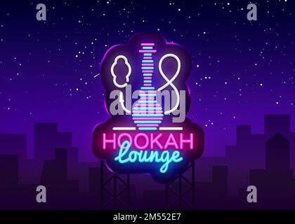 Hookah neon sign vector. Hookah Lounge logo in neon style design pattern bright advertising Hookah night, light banner design element. Vector illustra Stock Vector