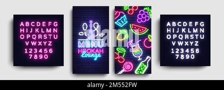 Hookah lounge menu design template vector. Hookah lounge typography modern trend design, vertical banners, nightlife neon advertising hookah. Vector I Stock Vector