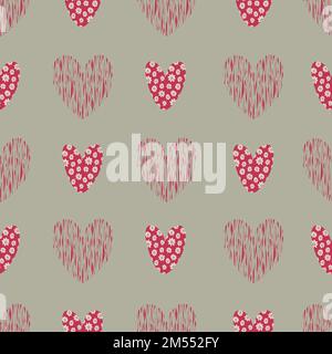 Hand drawn heart shape seamless pattern. Valentine red and khaki background. Stock Vector