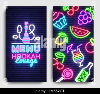 Hookah lounge menu design template vector. Hookah lounge typography modern trend design, vertical banners, nightlife neon advertising hookah. Vector I Stock Vector