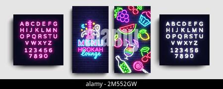Hookah lounge menu design template vector. Hookah lounge typography modern trend design, vertical banners, nightlife neon advertising hookah. Vector I Stock Vector