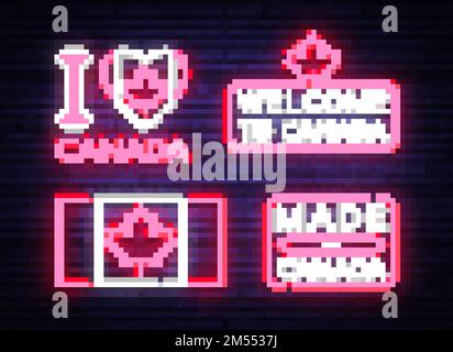 Canada flag badges collection neon vector sign. I love Canada, Made in Canada symbol banner light, bright night Illustration. Vector illustration. Stock Vector