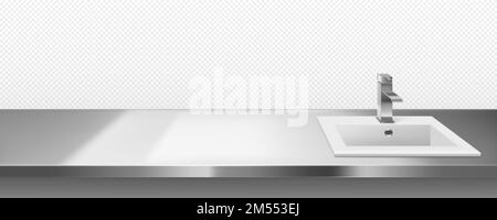 Ceramics sink with metal faucet for kitchen or bathroom on steel countertop surface front or top view isolated on transparent background. Interior frame with stainless desk, Realistic 3d vector border Stock Vector
