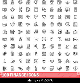 100 finance icons set. Outline illustration of 100 finance icons vector set isolated on white background Stock Vector