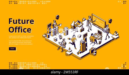 Future office banner. Innovation technologies of artificial intelligence in business work. Vector landing page of employment in office with isometric people and robots working together Stock Vector